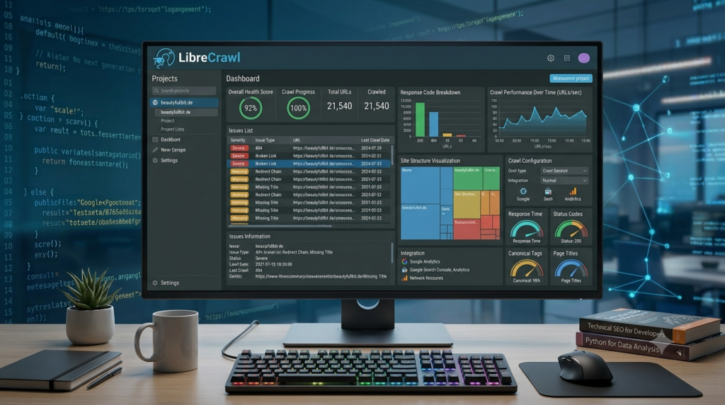 Desktop mit einem Computer auf dem die LibreCrawl UI zu sehen ist