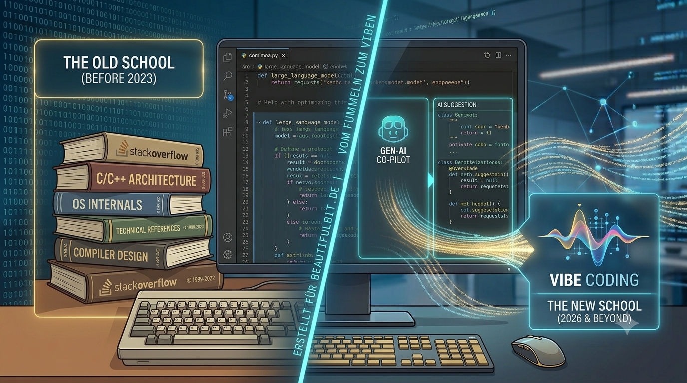 Ein junger Entwickler sitzt entspannt mit Kopfhörern im Sessel (Vibe Coding), während im Hintergrund abstrakte Bücherstapel zu digitalen KI-Datenströmen verschmelzen.