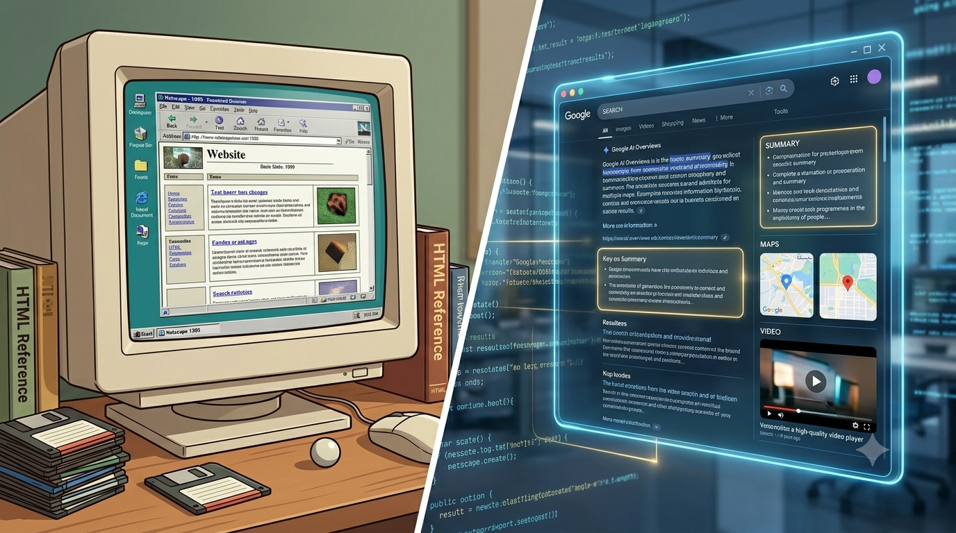 Grafischer Vergleich zwischen dem nostalgischen Internet der 2000er Jahre und modernen Google AI Suchergebnissen